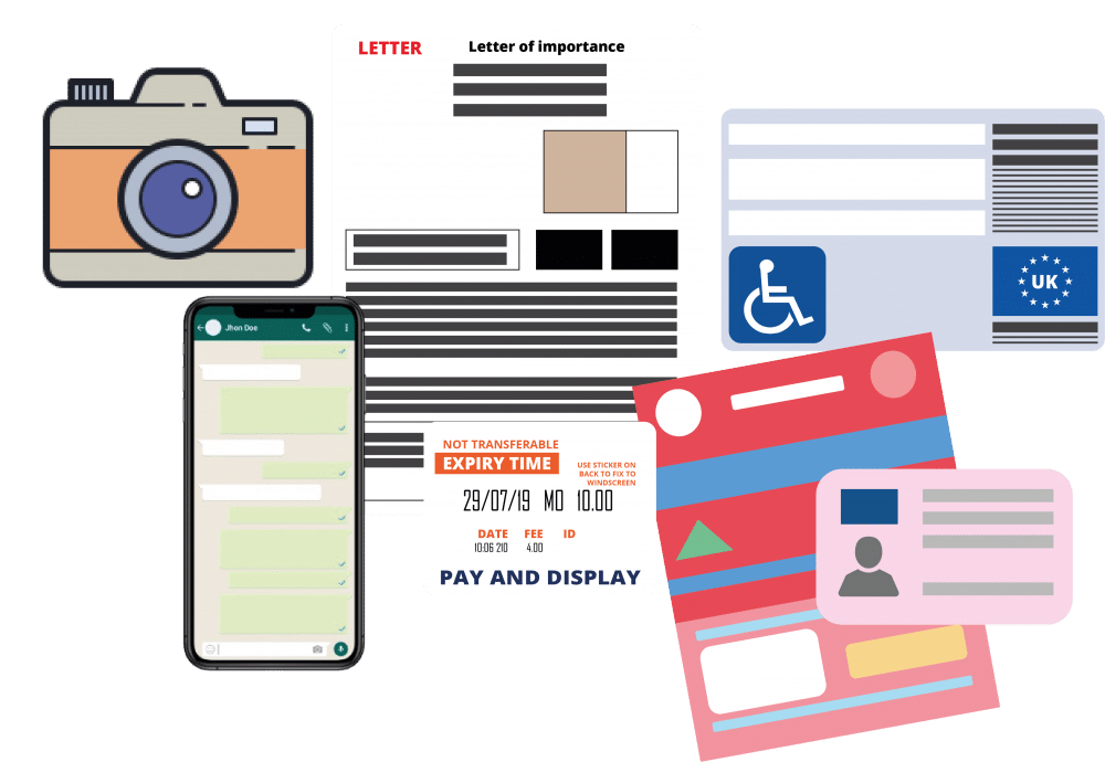 Examples of evidence photos, letters, blue badge, social media conversation, parking ticket and vehicle documents