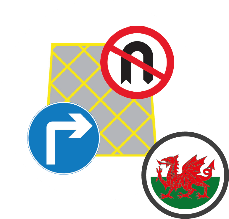 Icon showing signs relating to Moving Traffic restrictions and a box junction for Wales