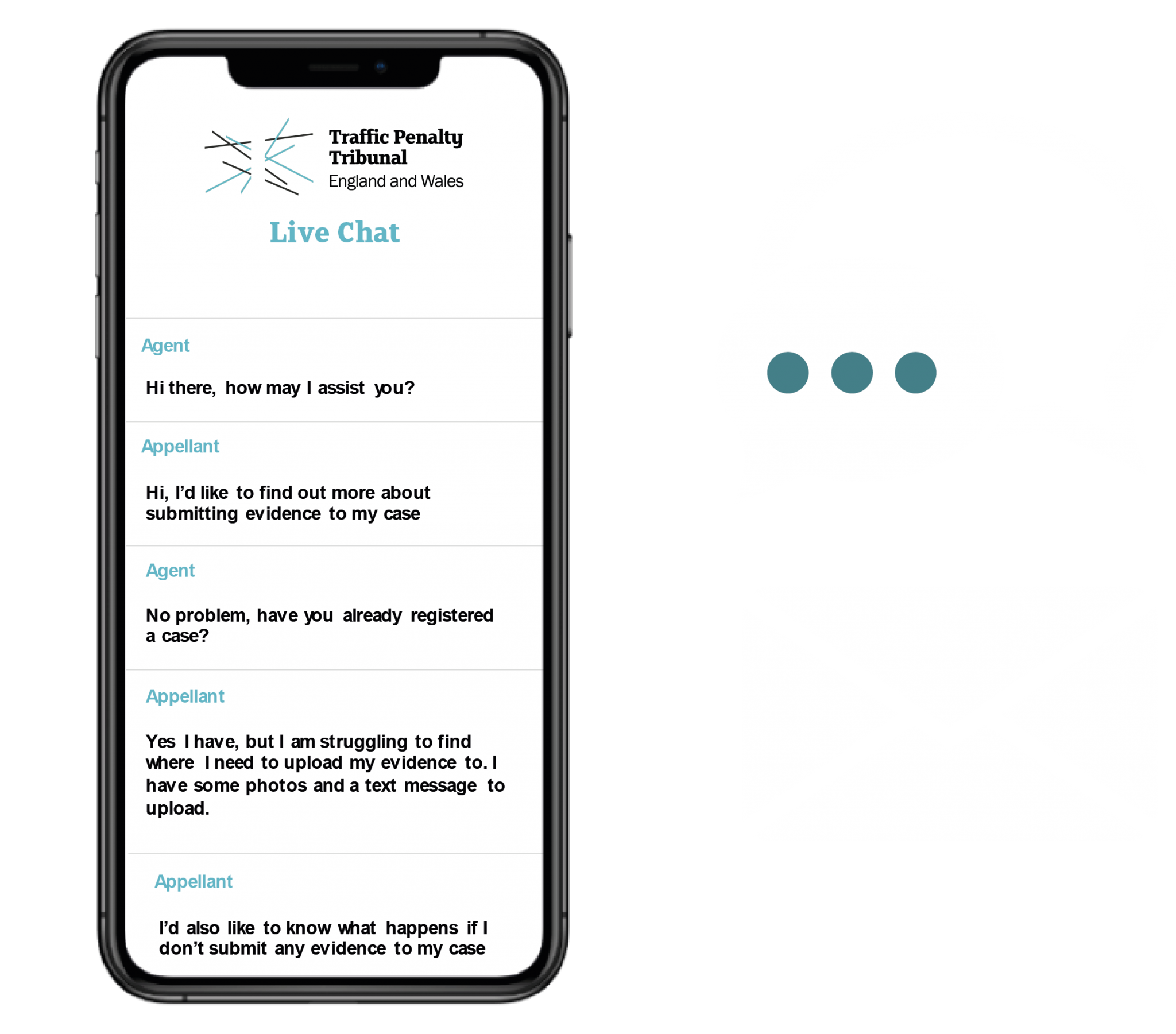 Phone showing Live Chat conversation, next to a chat icon and envelope icon showing email