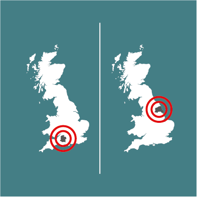 Button showing two maps of England and Wales, with hotspots representing the comparison between two Authority locations