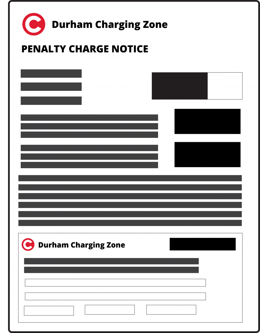 Graphic showing a Durham Road User Charge Zone Penalty Charge Notice (PCN)
