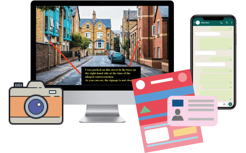 Examples of evidence-photos-social media conversation-vehicle documents and a big screen showing evidence annotated by a user