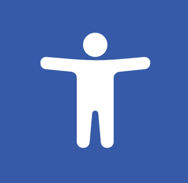 Icon representing Accessibility with a white stick figure holding out its arms on a dark blue background