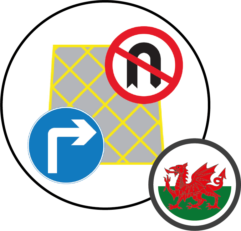 Icon representing Moving Traffic restrictions in Wales showing signs that relate to those restrictions including no u-turns yellow box junctions and turn right only