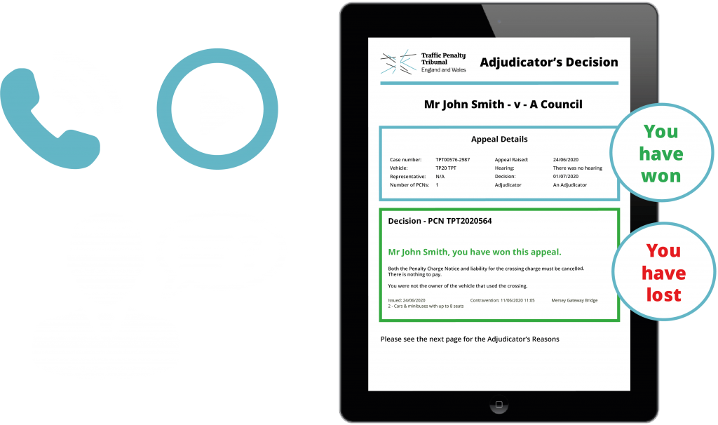 Icons depicting option between having a Telephone or Video Hearing with an Adjudicator or receiving a decision fully online_In both cases you will understand the outcome