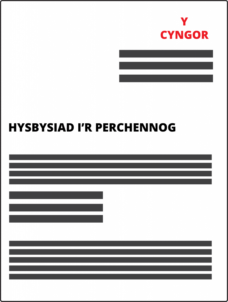 Graffeg yn dangos dogfen Hysbysiad i Berchennog Cymraeg Graphic showing a Welsh Notice to Owner document