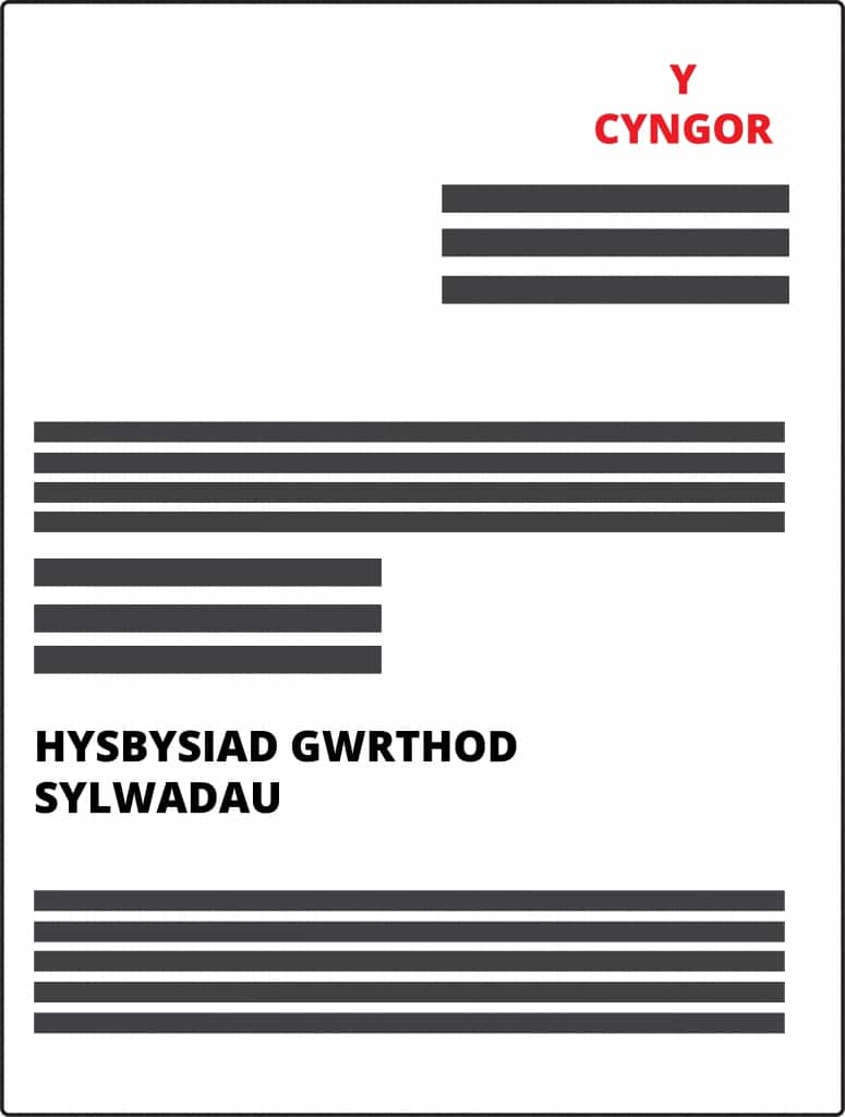 Graffeg yn dangos Hysbysiad Cymreig o Wrthod Sylwadau Graphic showing a Welsh Notice of Rejection of Representations