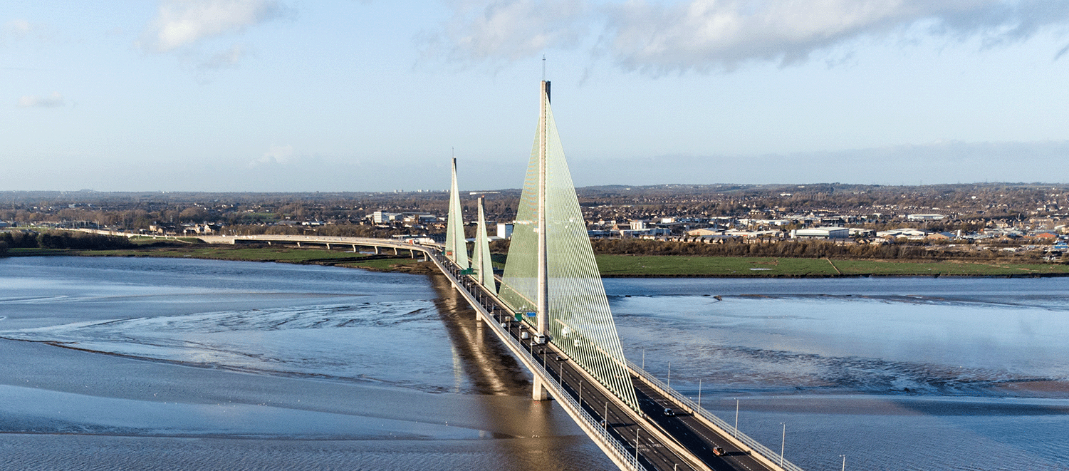 Aerial photo of the Mersey Gateway Bridge between Runcorn and Widnes