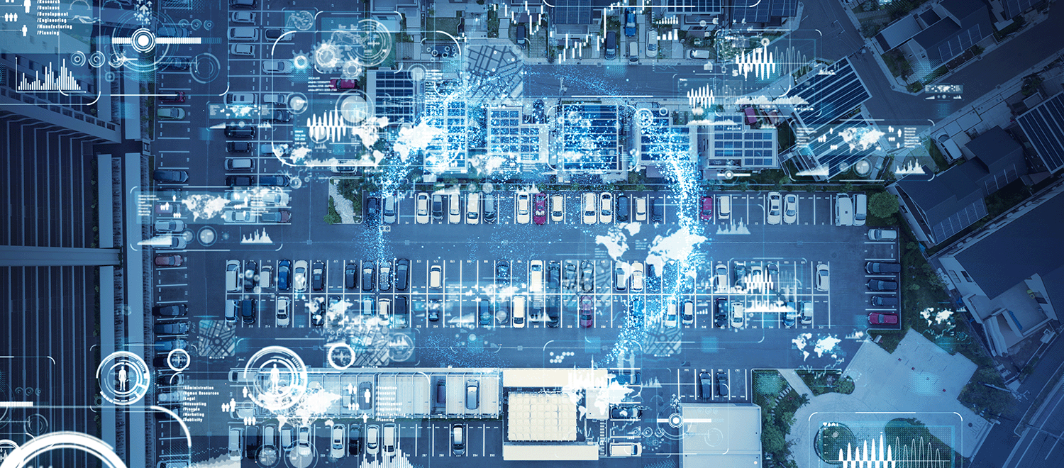 Graphic showing parking spaces with abstract lines and icons reflecting report data