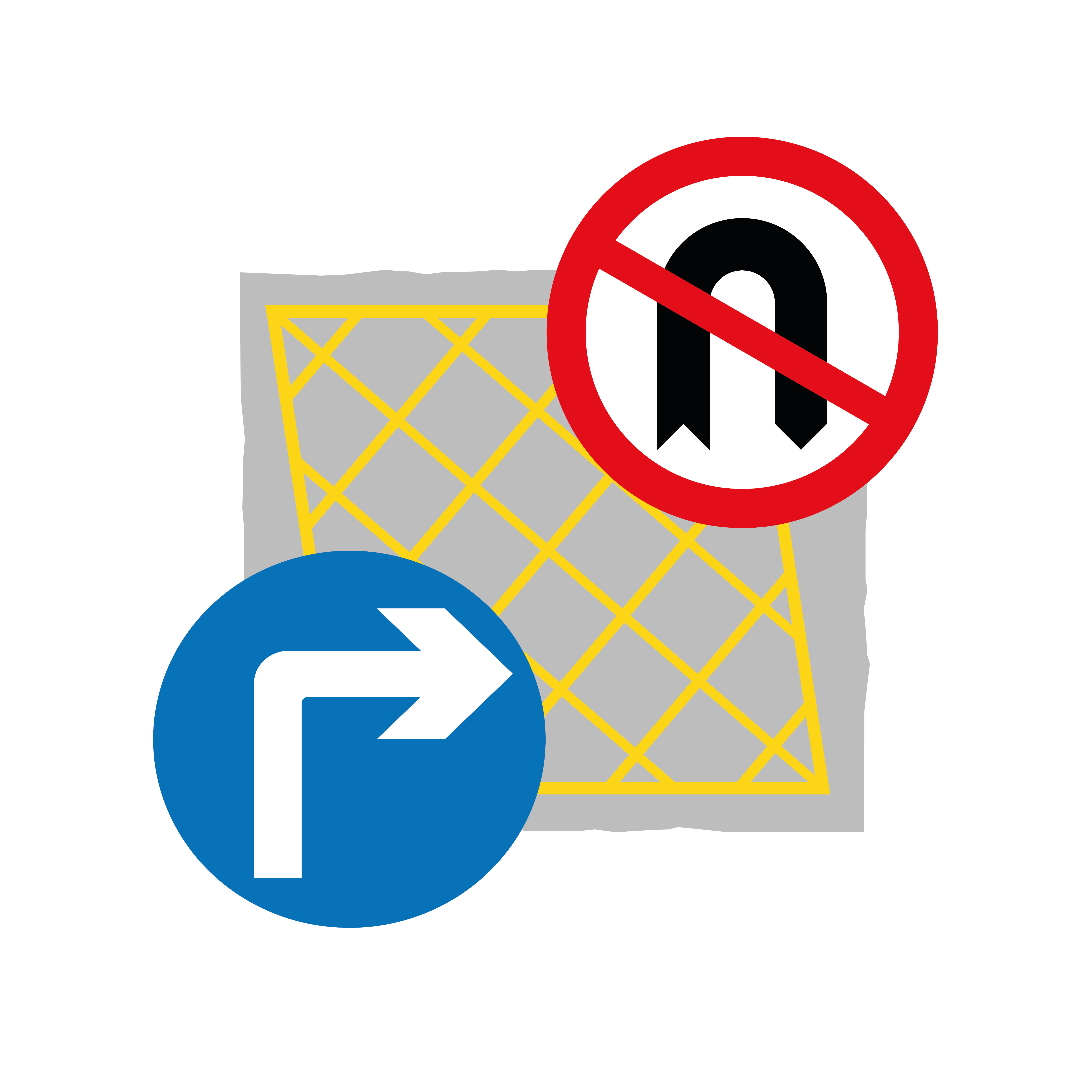 Icon representing moving traffic enforcement showng a right turn only_no u turns_and a yellow box junction